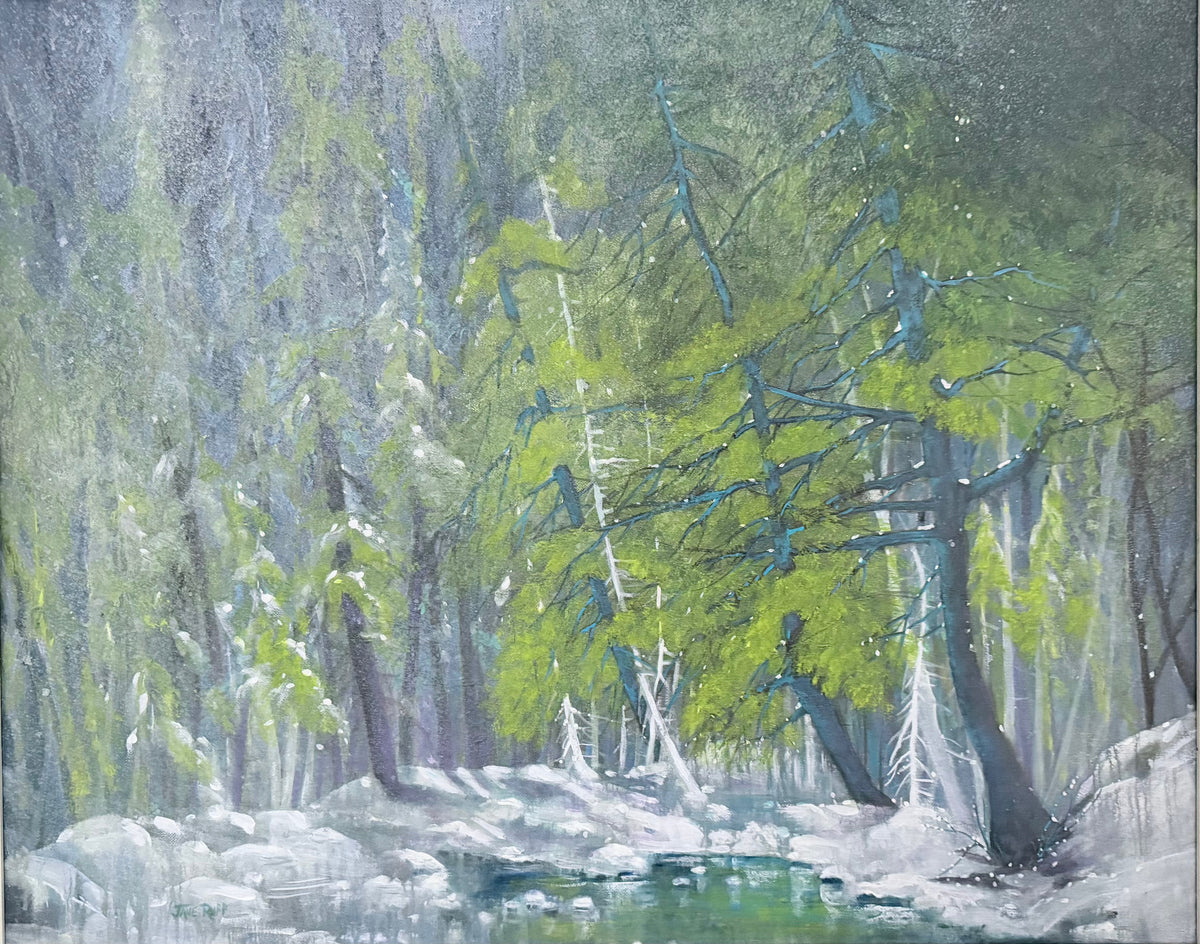 Winter Creek — original acrylic painting by Jane Ruff, snow-dusted forest with creek
